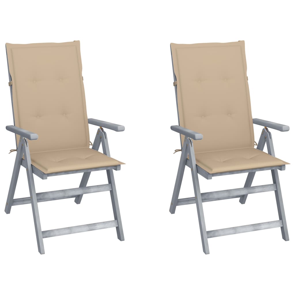 Set de 4 scaune pliabile de gradina cu salteluta, vidaXL, Lemn de acacia/Poliester, 56 x 70 x 110 cm, Gri-perna bej