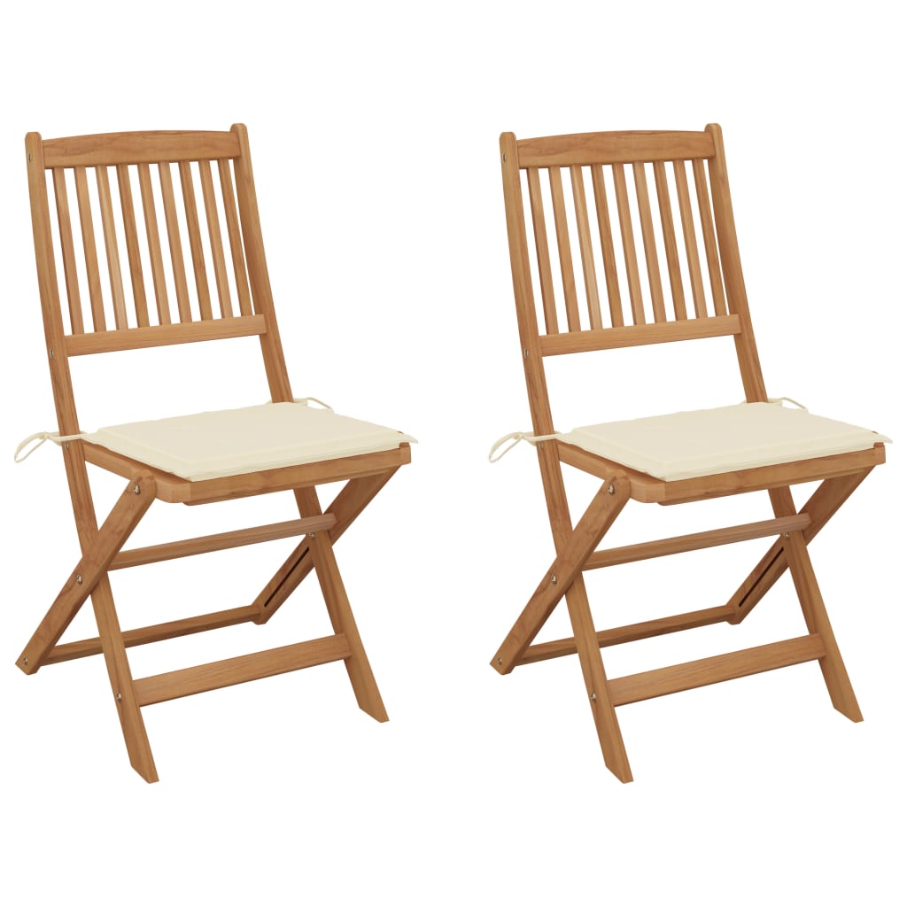 Set de 2 scaune pliabile de gradina cu perne, vidaXL, Lemn de acacia/Poliester, 48,5 x 57 x 91 cm, Maro-perne crem