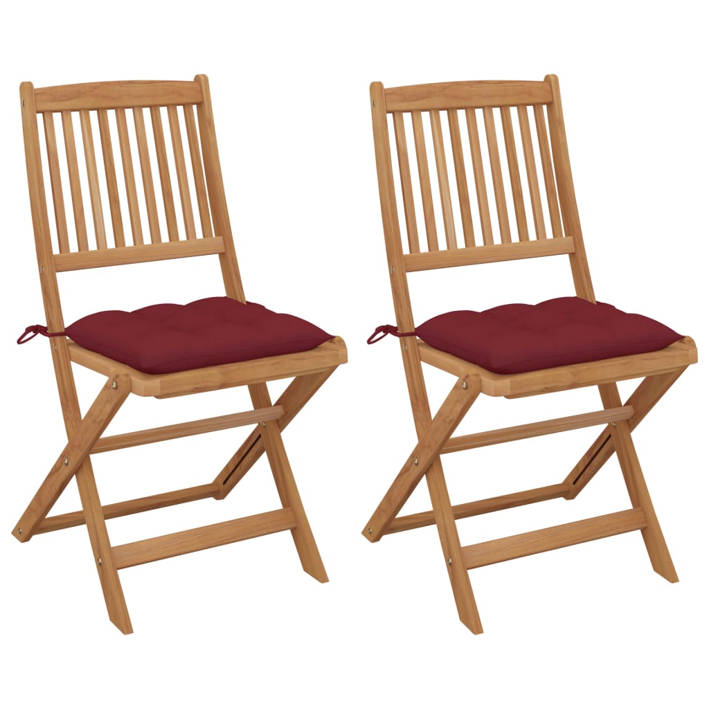 Set de 2 scaune pliabile de gradina/exterior cu perna vidaXL, Lemn de acacia, 48.5 x 57 x 91 cm, Maro/Rosu inchis