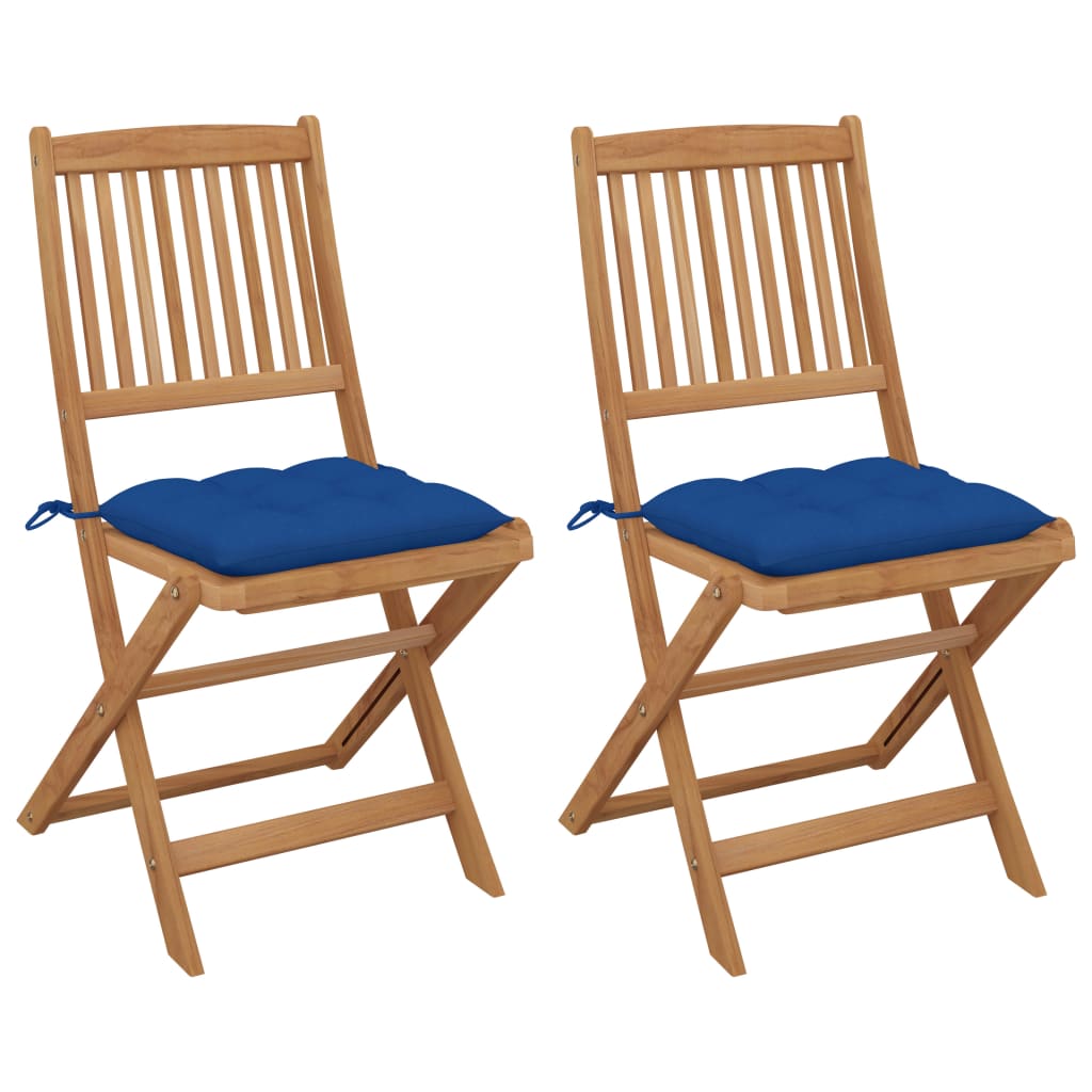 Set de 2 scaune pliabile de gradina, vidaXL, Lemn de acacia, 48,5 x 57 x 91 cm, 7 cm, Maro/Albastru