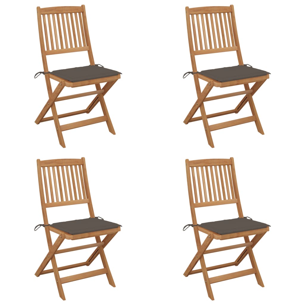 Set de 4 scaune pliabile de gradina cu perne, vidaXL, Lemn de acacia/Poliester, 48,5 x 57 x 91 cm, Maro-perne gri taupe