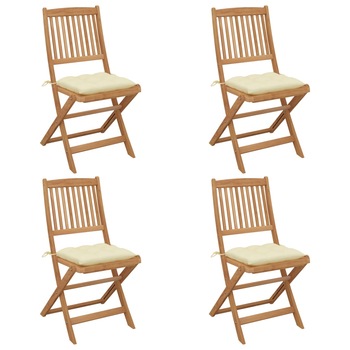 Set de 4 scaune pliabile de gradina cu perna vidaXL, Lemn de acacia, 48.5 x 57 x 91 cm, Maro/Crem