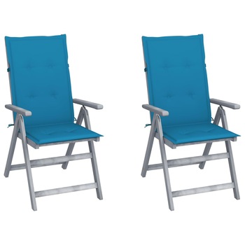 Set de 2 scaune rabatabile de gradina cu perna vidaXL, Lemn de acacia, 56 x 70 x 110 cm, Gri/Albastru