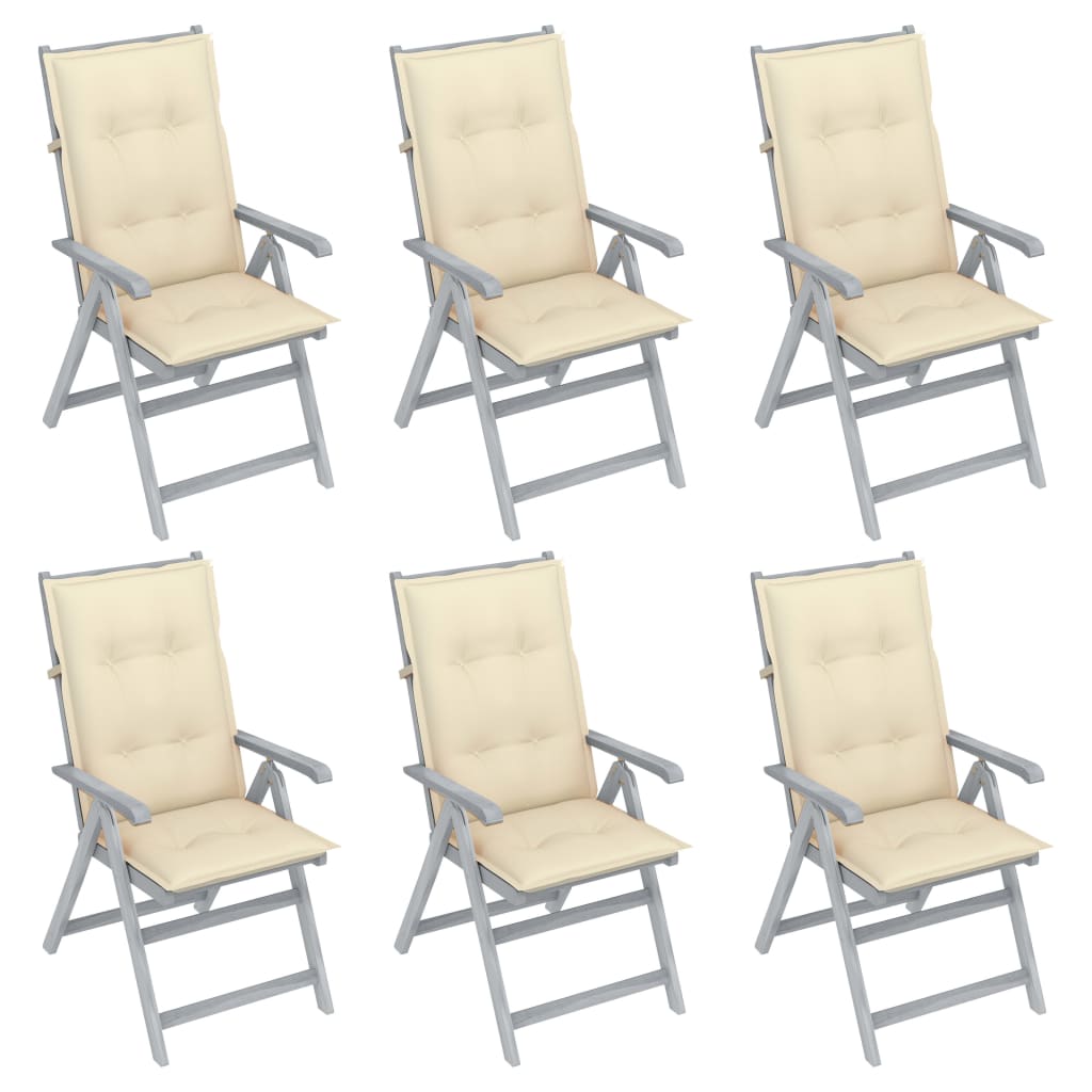 Set de 6 scaune pliabile de gradina cu salteluta, vidaXL, Lemn de acacia/Poliester, 56 x 70 x 110 cm, Gri-perna crem
