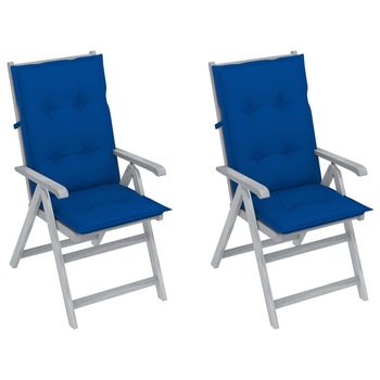 Set de 2 scaune gri de gradina cu perne colorate, vidaXL, Lemn de acacia, 56 x 70 x 110 cm, Albastru