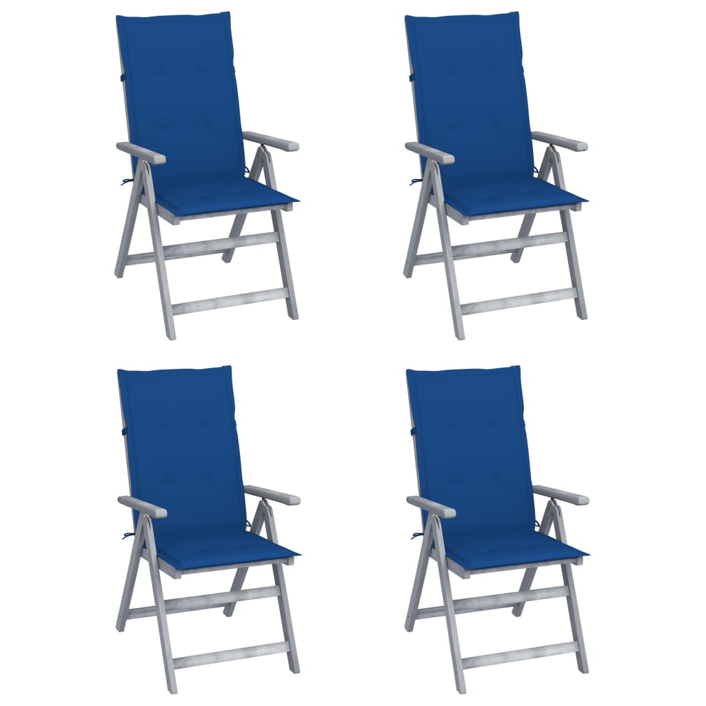 Set de 4 scaune pliabile de gradina cu salteluta, vidaXL, Lemn de acacia/Poliester, 56 x 70 x 110 cm, Gri-perna albastru regal