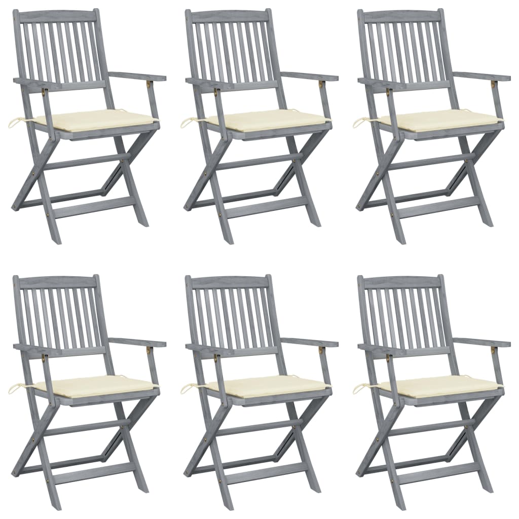 Set de 6 scaune pliabile de gradina, vidaXL, Lemn de acacia, 54 x 57 x 91 cm, 4 cm, Gri/Crem