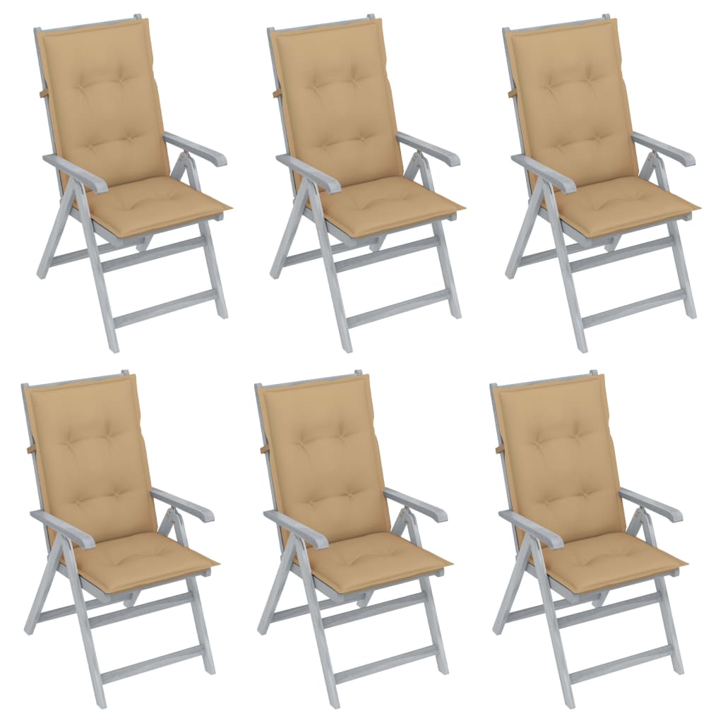 Set de 6 scaune gri de gradina cu perne colorate, vidaXL, Lemn de acacia, 57 x 69 x 111 cm, Bej