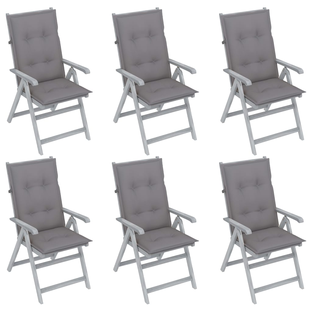 Set de 6 scaune pliabile de gradina cu salteluta, vidaXL, Lemn de acacia/Poliester, 56 x 70 x 110 cm, Gri-perna gri deschis