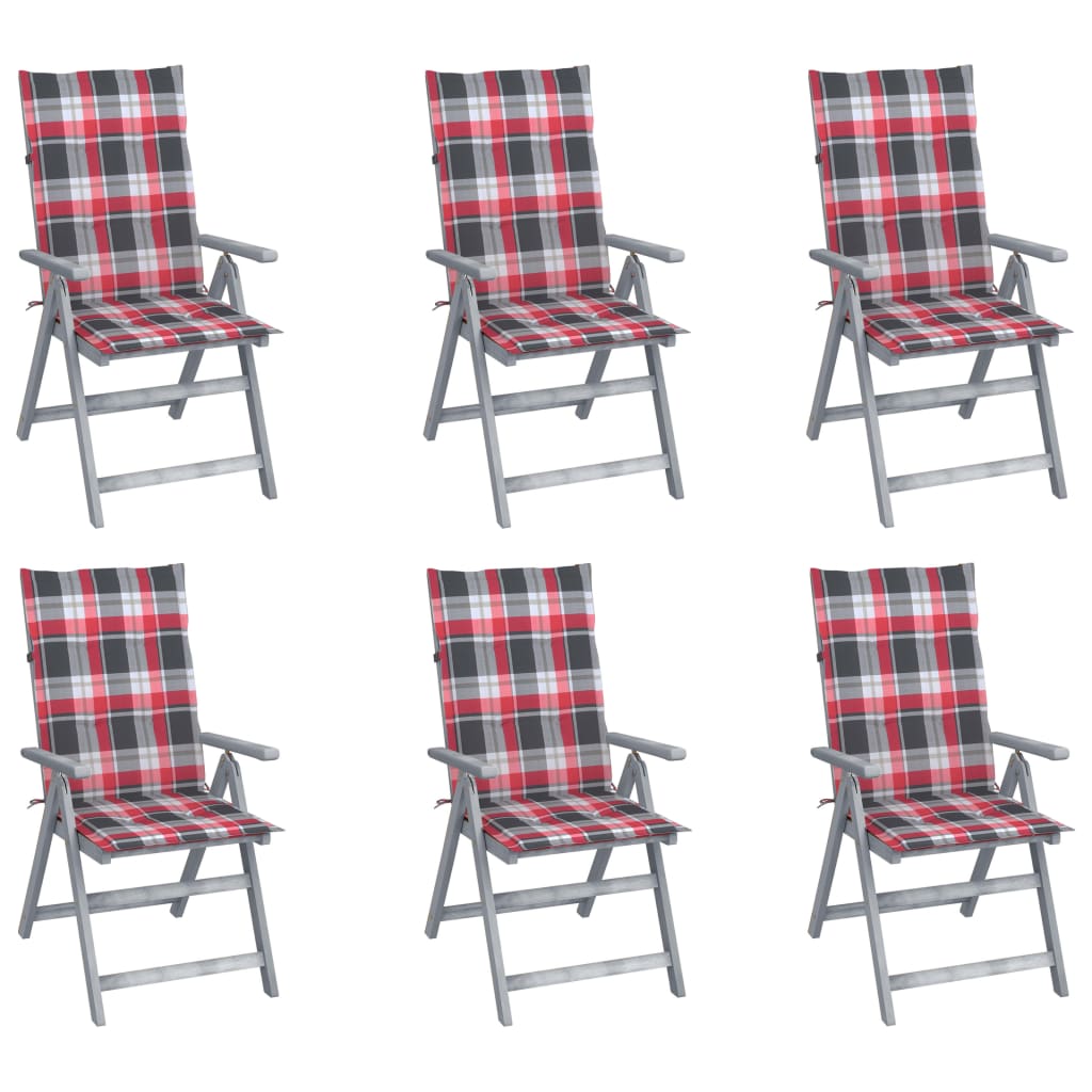 Set de 6 scaune gri de gradina cu perne colorate cu snur, vidaXL, Lemn de acacia, 57 x 69 x 111 cm, Multicolor