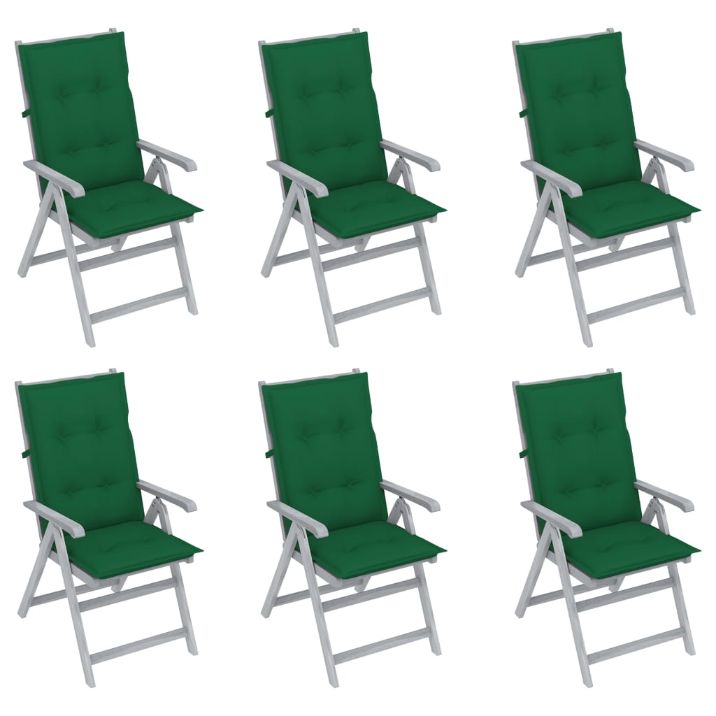 Set de 6 scaune gri de gradina cu perne colorate, vidaXL, Lemn de acacia, 57 x 69 x 111 cm, Verde