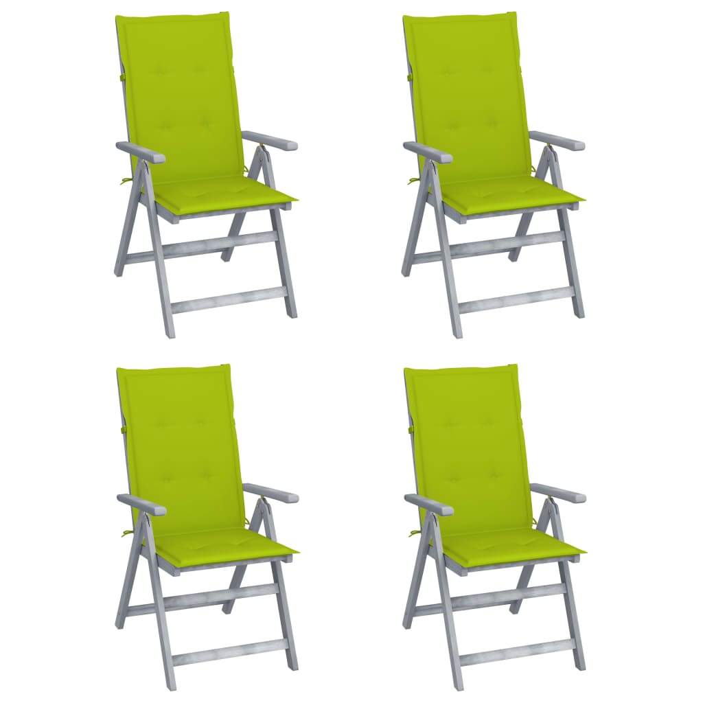 Set de 4 scaune pliabile de gradina cu salteluta, vidaXL, Lemn de acacia/Poliester, 56 x 70 x 110 cm, Gri-perna verde aprins
