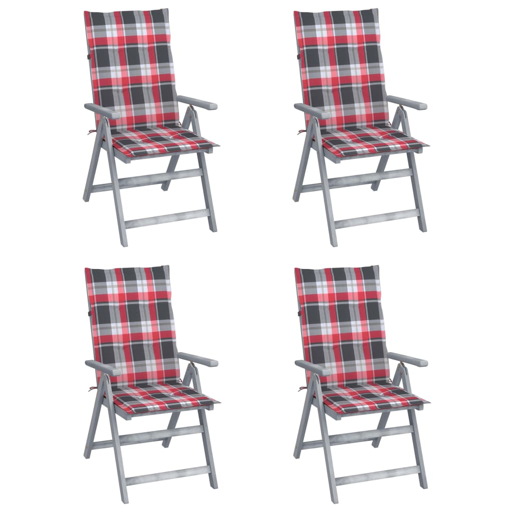 Set de 4 scaune pliabile de gradina cu perne cu snur cu model carouri, vidaXL, Lemn de acacia, 57 x 69 x 111 cm, Multicolor