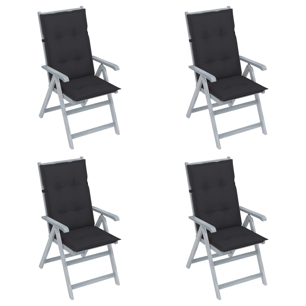 Set de 4 scaune pliabile de gradina cu salteluta, vidaXL, Lemn de acacia/Poliester, 56 x 70 x 110 cm, Gri-perna antracit