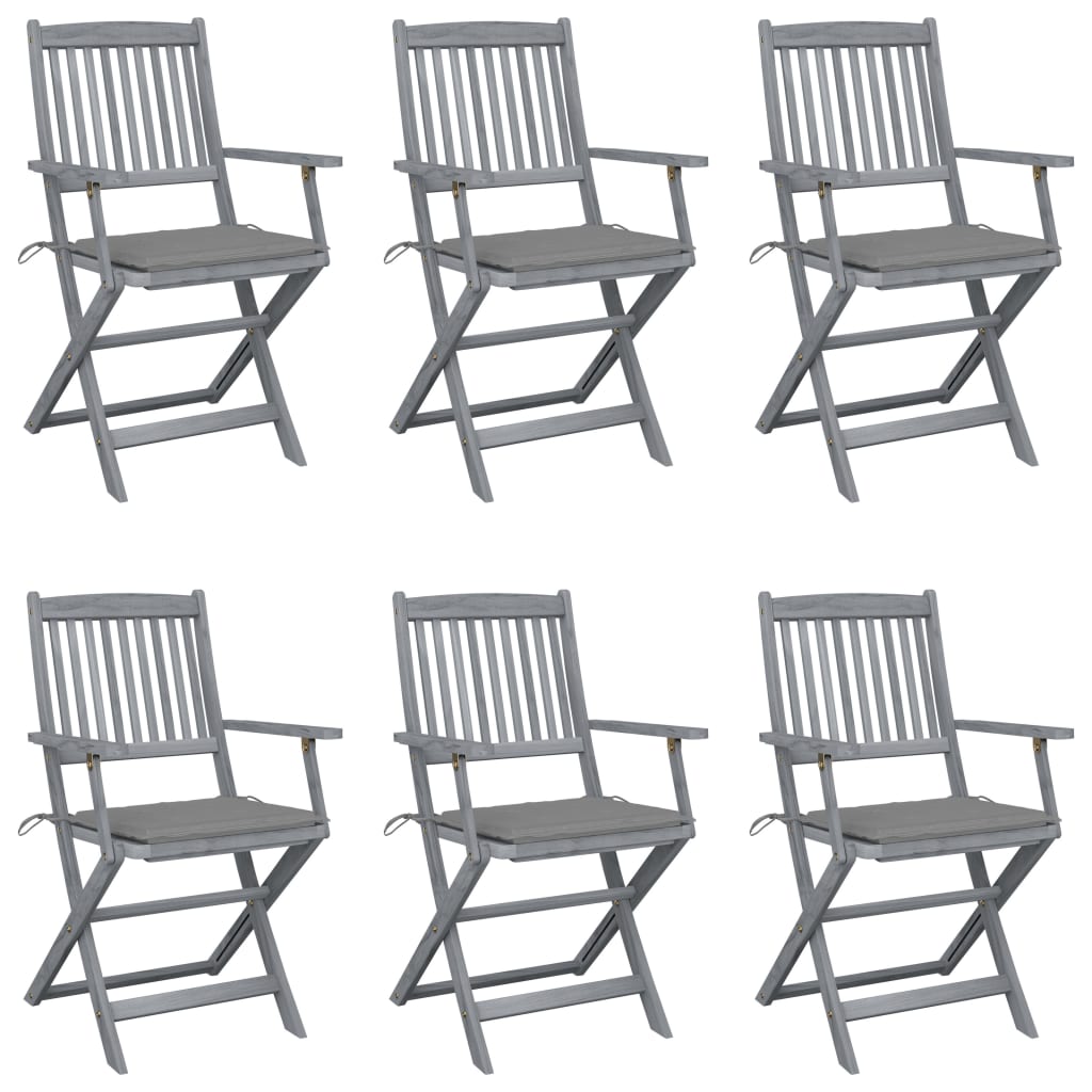 Set de 6 scaune pliabile de exterior cu perna si cu brate, vidaXL, Lemn de acacia/Poliester, 54 x 57 x 91 cm, Gri-perna gri
