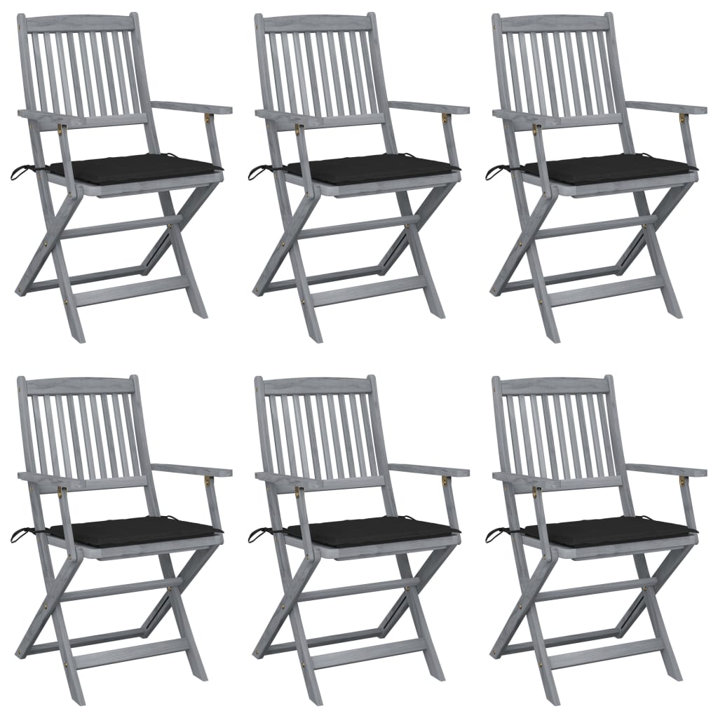Set de 6 scaune pliabile de exterior cu perna si cu brate, vidaXL, Lemn de acacia/Poliester, 54 x 57 x 91 cm, Gri-perna negru