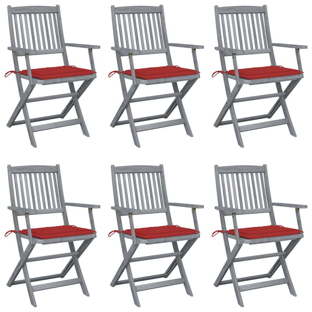 Set de 6 scaune pliabile de exterior cu perna si cu brate, vidaXL, Lemn de acacia/Poliester, 54 x 57 x 91 cm, Gri-perna rosu