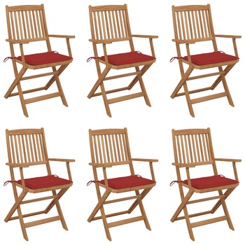 Set de 6 scaune pliabile de gradina cu perna din lemn masiv de acacia vidaXL, Lemn, 54 x 57 x 91 cm, Maro/Rosu