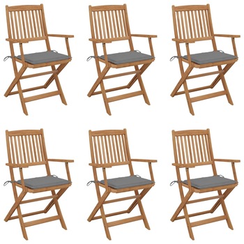 Set de 6 scaune pliabile de gradina cu perna din lemn masiv de acacia vidaXL, Lemn, 54 x 57 x 91 cm, Maro/Gri