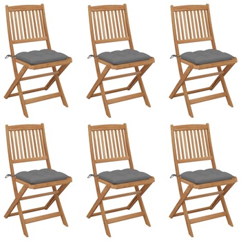 Set de 6 scaune de gradina pliabile cu perna vidaXL, Lemn de acacia, 48.5 x 57 x 91 cm, Gri/Gri deschis