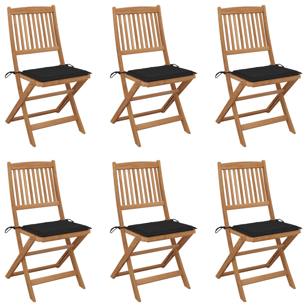 Set de 6 scaune pliabile de gradina cu perna din lemn masiv de acacia vidaXL, Lemn, 48.5 x 57 x 91 cm, Maro/Negru