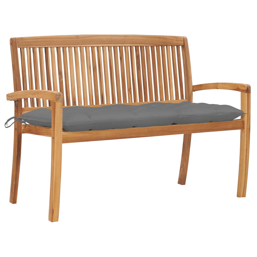 Banca de gradina stivuibila cu perna pentru 2 persoane vidaXL, Lemn de tec, 128.5 x 57.5 x 90 cm, Maro/Gri
