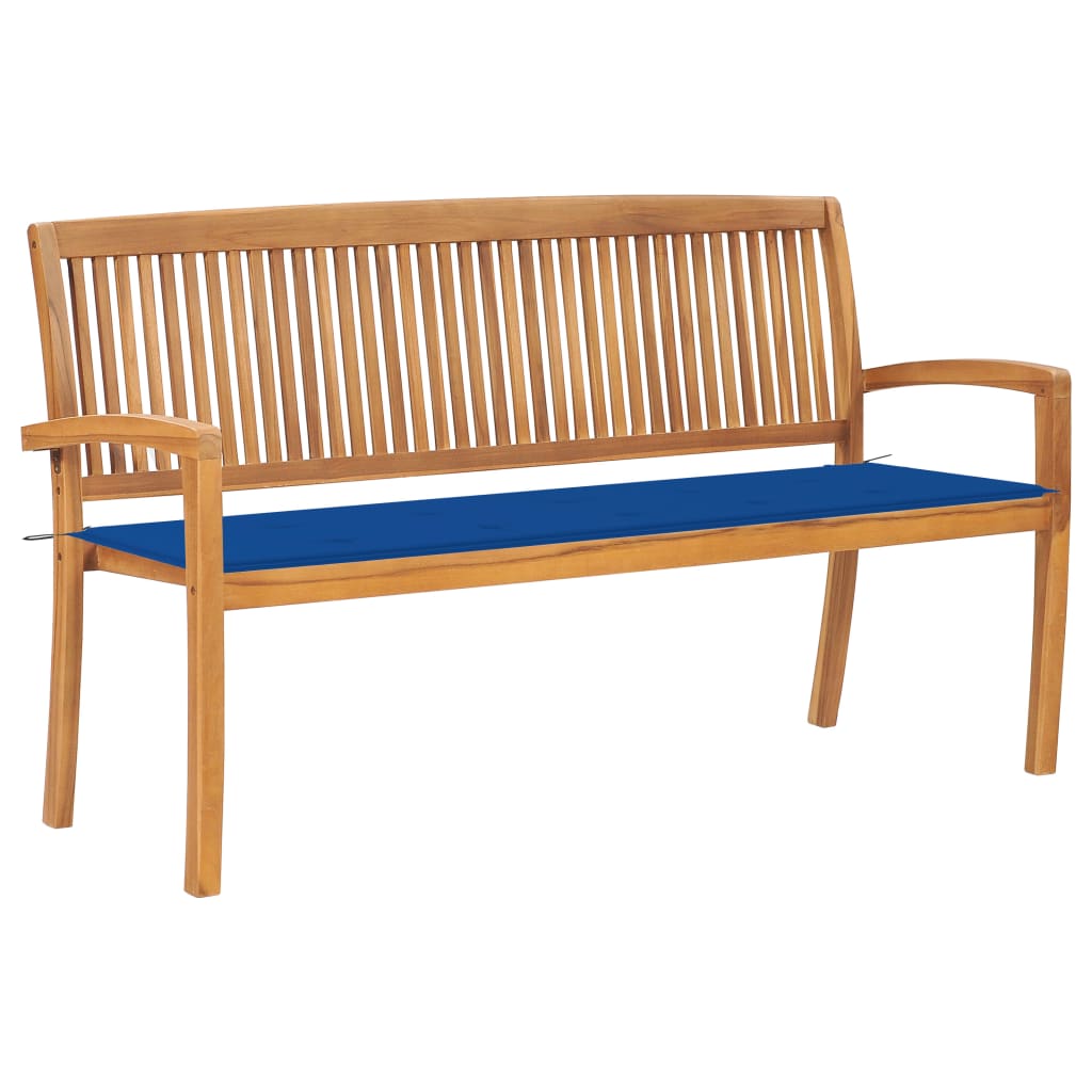 Banca stivuibila de gradina cu perna sezut, vidaXL, Lemn de tec/Poliester, 159 x 57,5 x 90 cm, Maro/Albastru regal