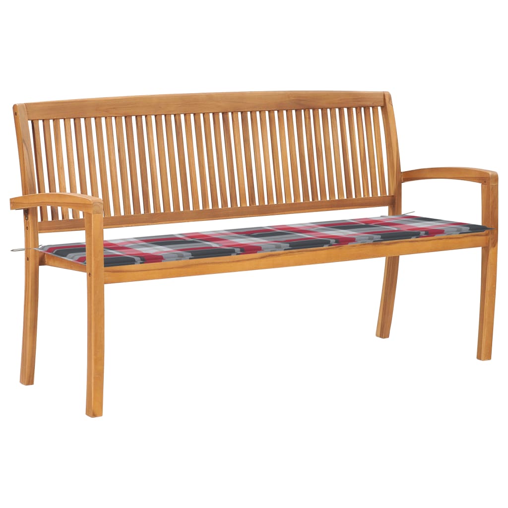 Banca stivuibila de gradina cu perna sezut, vidaXL, Lemn de tec/Poliester, 159 x 57,5 x 90 cm, Maro/Perna model carouri rosu/gri