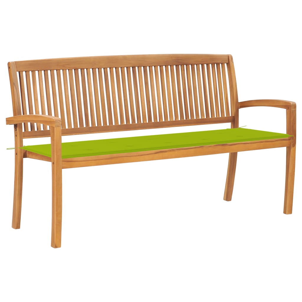 Banca stivuibila de gradina cu perna sezut, vidaXL, Lemn de tec/Poliester, 159 x 57,5 x 90 cm, Maro/Verde aprins