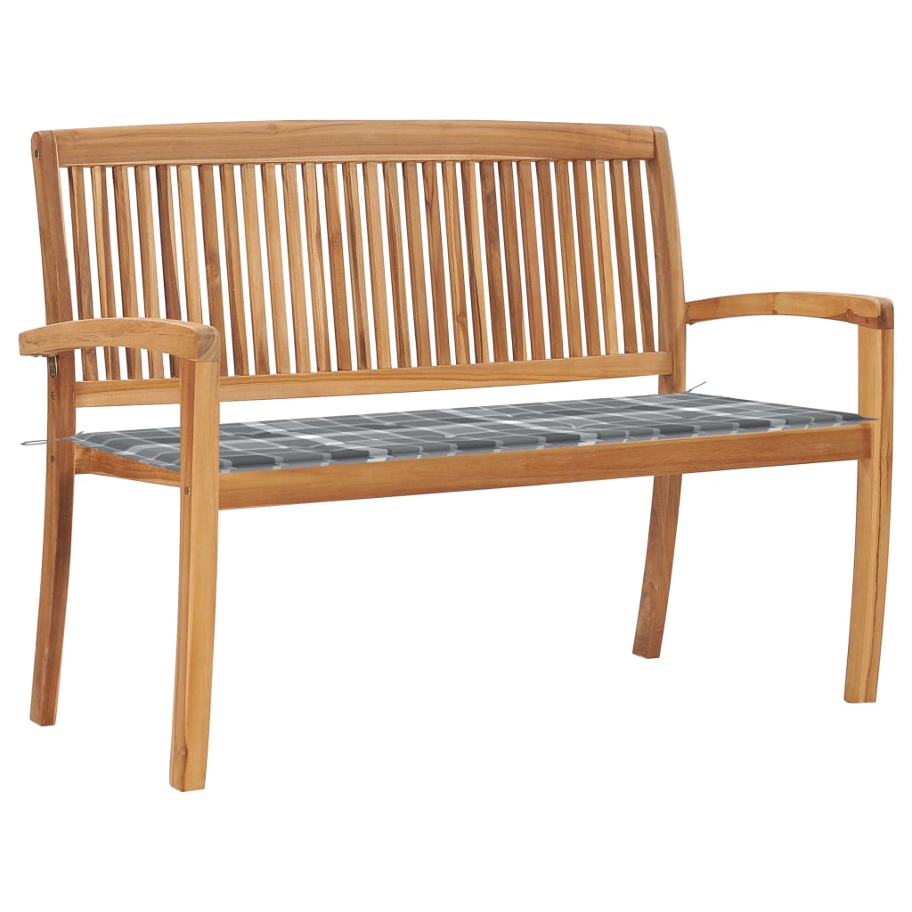 Banca de gradina stivuibila cu perna cu model carouri pentru 2 persoane vidaXL, Lemn de tec, 128.5 x 57.5 x 90 cm, Maro/Gri