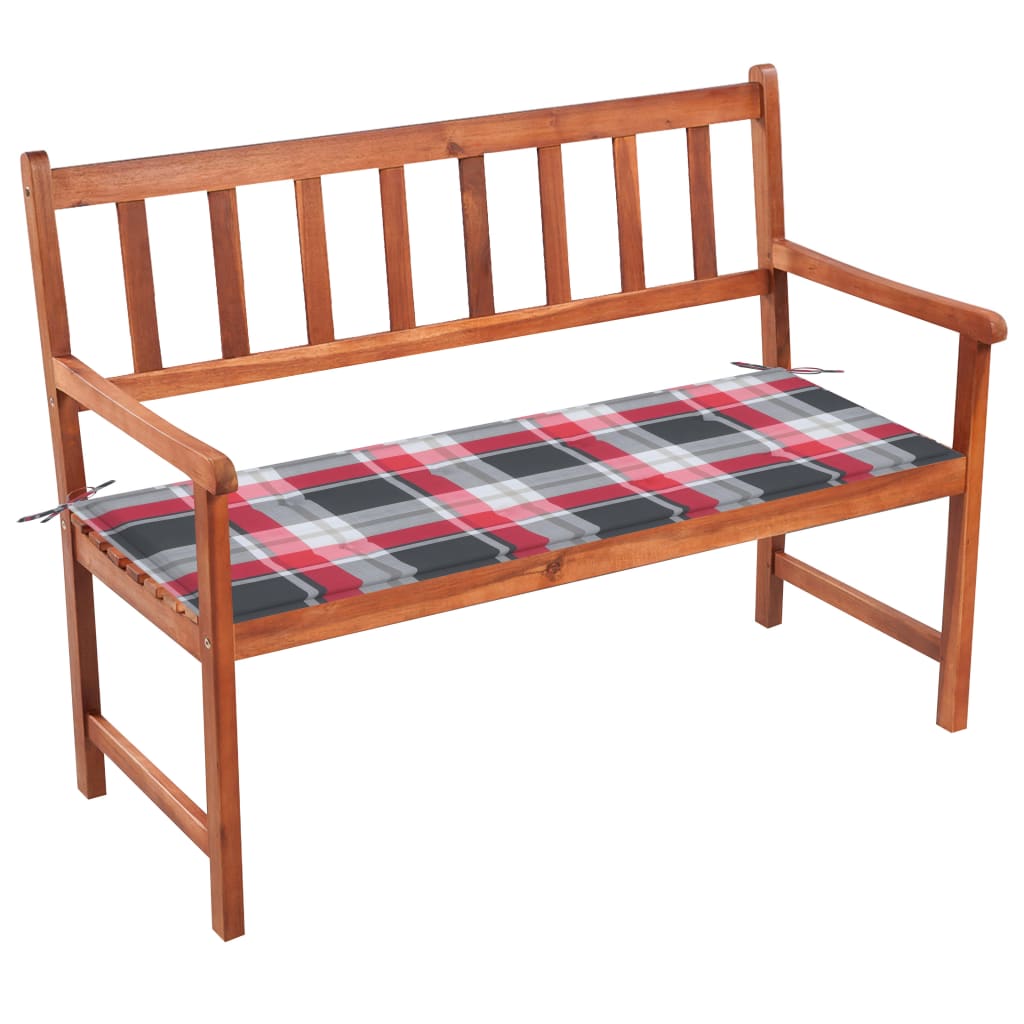 Banca de gradina cu cotiere cu perna model carouri vidaXL, Lemn de acacia, 120 x (50 - 58) x 90 cm, perna 4 cm, Maro/Multicolor