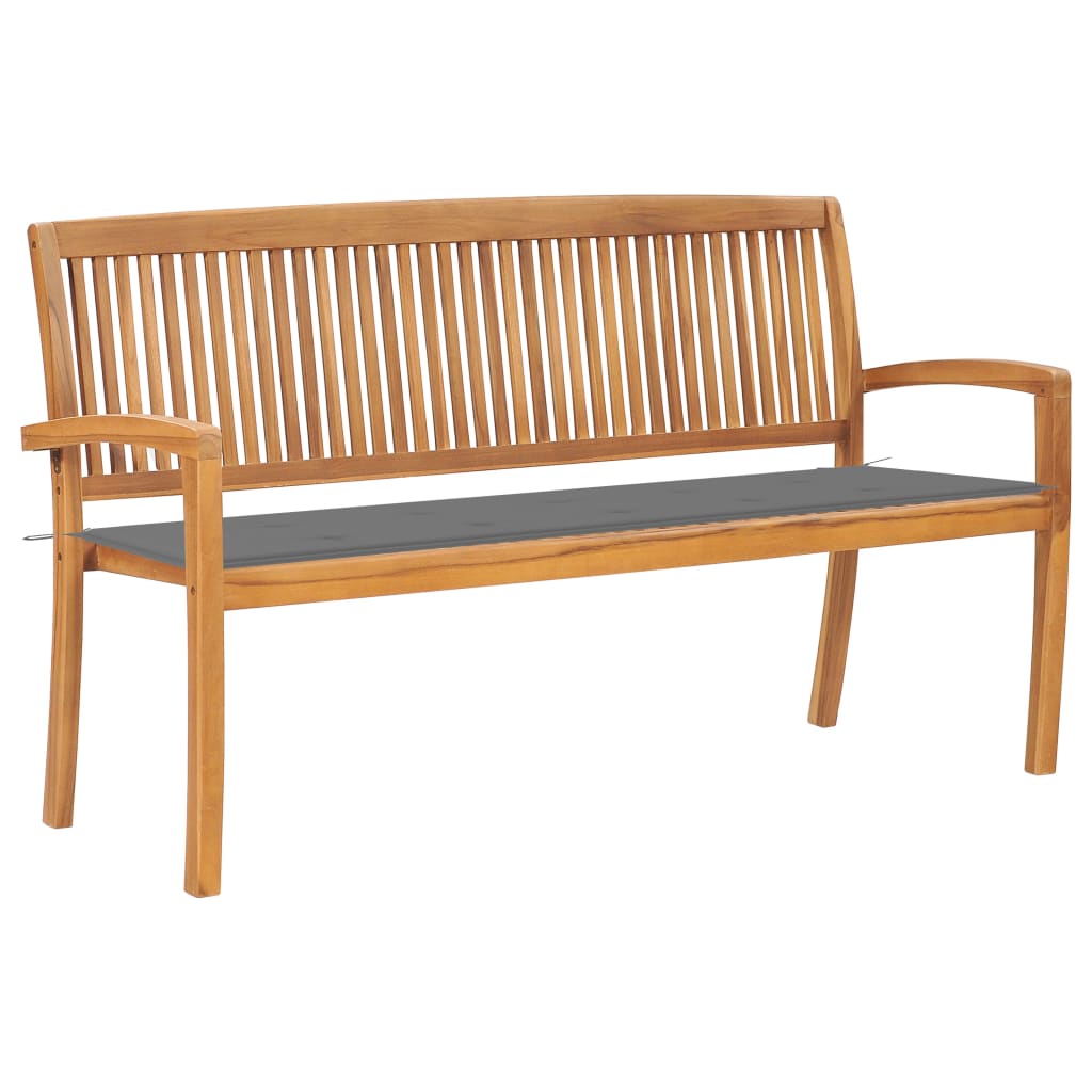 Banca stivuibila de gradina cu perna sezut, vidaXL, Lemn de tec/Poliester, 159 x 57,5 x 90 cm, Maro/Gri