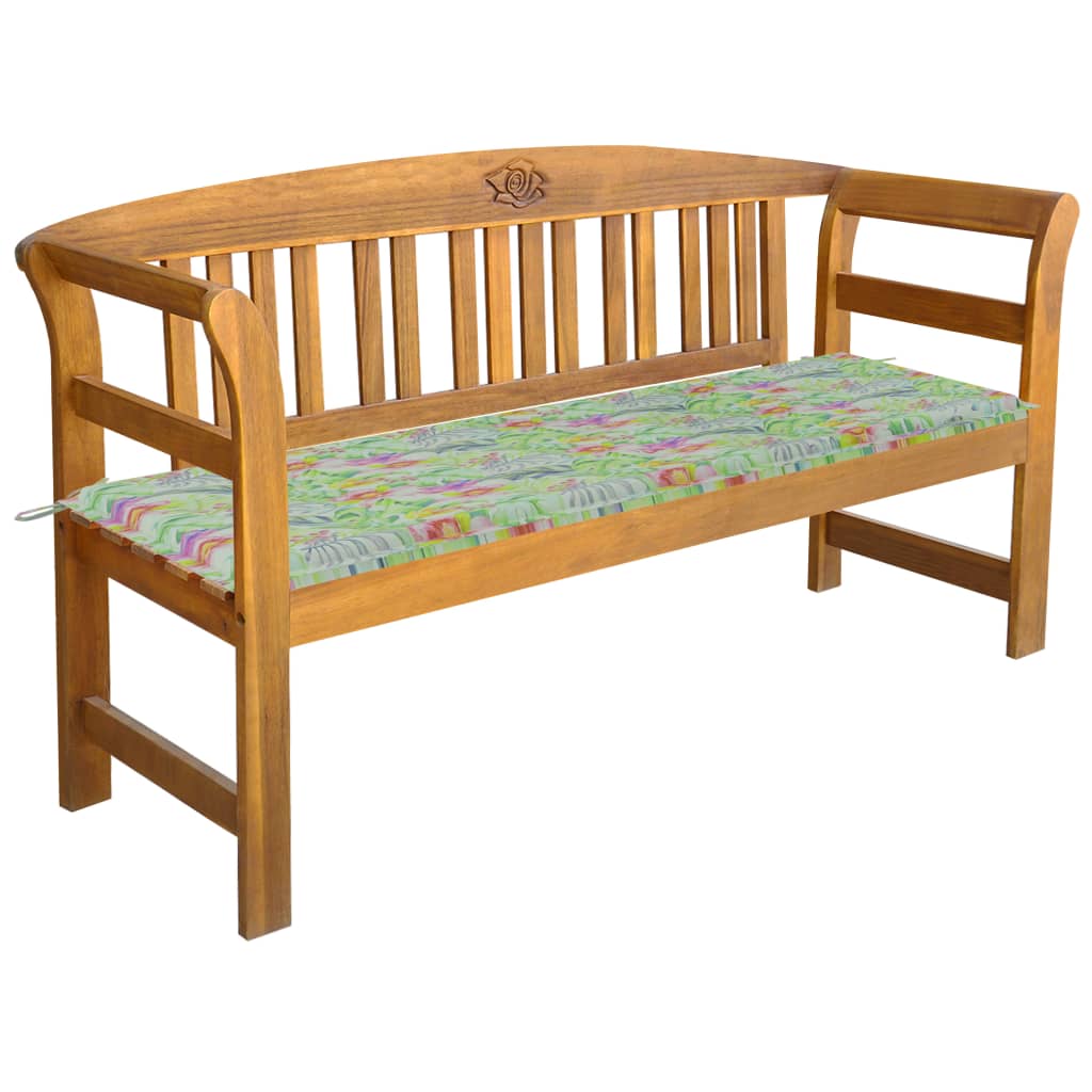 Banca de gradina din lemn masiv cu cotiere curbate cu perna model frunze vidaXL, Lemn de acacia, 157 x 45 x 82.5 cm, perna 4 cm, Maro/Multicolor
