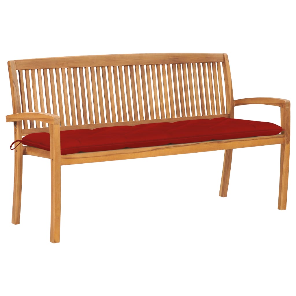 Banca stivuibila de gradina cu perna sezut, vidaXL, Lemn de tec/Poliester, 159 x 57,5 x 90 cm, 7 cm, Maro/Rosu