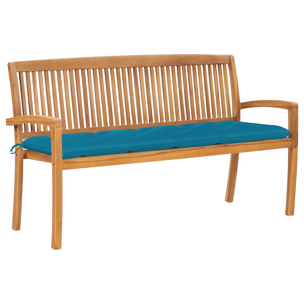 Banca stivuibila de gradina cu perna sezut, vidaXL, Lemn de tec/Poliester, 159 x 57,5 x 90 cm, 7 cm, Maro/Albastru deschis