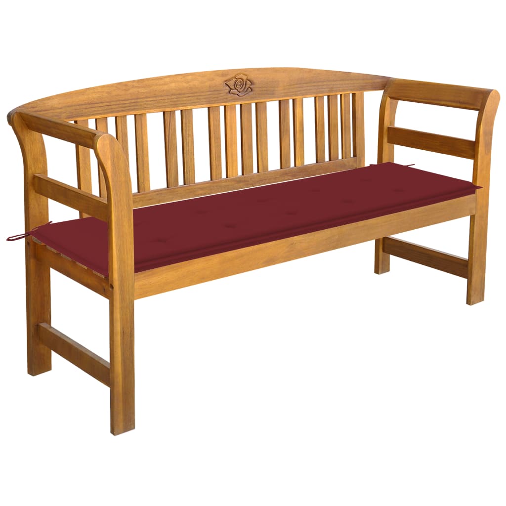 Banca de gradina din lemn masiv cu cotiere curbate cu perna vidaXL, Lemn de acacia, 157 x 45 x 82.5 cm, perna 4 cm, Maro/Rosu vin