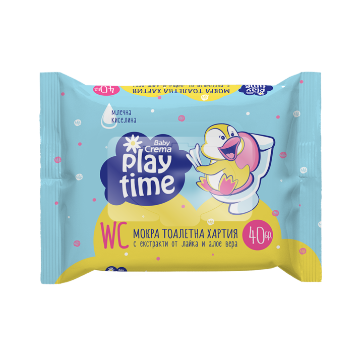 Мокра бебешка хартия за тоалетна Baby Crema Play Time, С екстракт от млечна киселина, Синя, 40бр