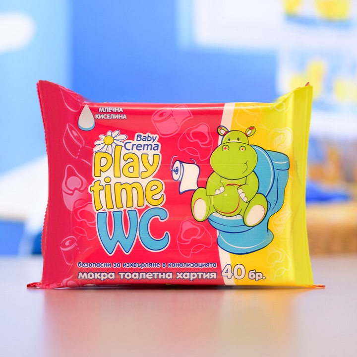 Мокра бебешка хартия за тоалетна Baby Crema Play Time, С екстракт от млечна киселина, Розова, 40бр