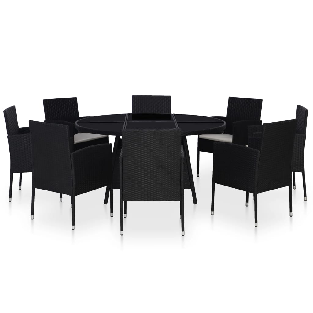 Set mobilier de gradina 9 piese masa rotunda cu scaune cu perne, vidaXL, Poliratan, 150 x 74 cm, Negru