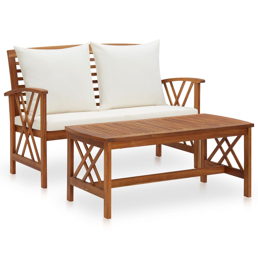 Set mobilier de gradina din 2 piese cu perne albe, vidaXL, Lemn, Maro