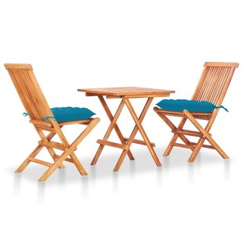 Set mobilier de exterior/gradina cu 3 piese pliabile cu perne, vidaXL, Lemn de tec, 60 x 60 x 65 cm, Albastru deschis