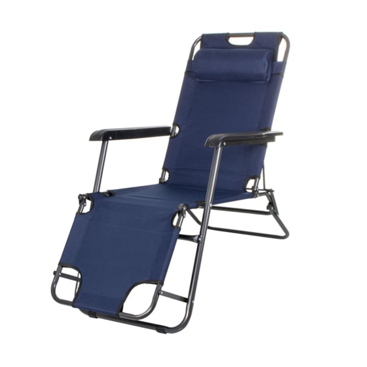 Springos szék, napozóágy típusú, összecsukható, teraszhoz vagy kerthez, állítható, 120kg kapacitás, sötétkék