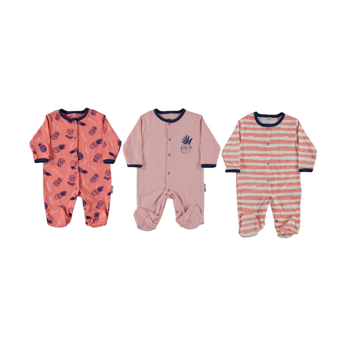 Set salopeta bebe, 3 buc, Ananas, 3 luni, 62 cm, bumbac, multicolor