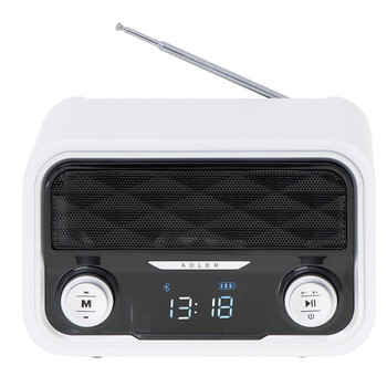 Radio Bluetooth FM ADLER, 50 de statii de memorie, MP3, Port USB si card SD, Fara fir, Portabil, Baterie 1800 mAh, Micro USB, Alb/Negru Radio Bluetooth FM ADLER, 50 de statii de memorie, MP3, Port USB si card SD, Fara fir, Portabil, Baterie 1800 mAh, Micro USB, Alb/Negru