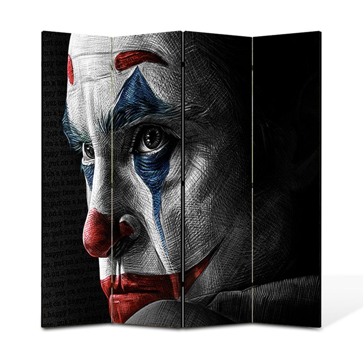 Paravan 4 piese Premium TrueColor, Art Star, Joker cu ochii tristi si plini de razbunare, Animatii, Panza pe cadru de lemn, Decoratiuni Moderne pentru Casa, 4 Panouri de 35x150, 140 x 150 cm