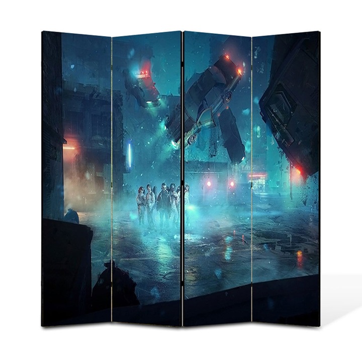 Paravan 4 piese Premium TrueColor, Art Star, Stranger Things in lupta cu raul, Animatii, Panza pe cadru de lemn, Decoratiuni Moderne pentru Casa, 4 Panouri de 35x150, 140 x 150 cm