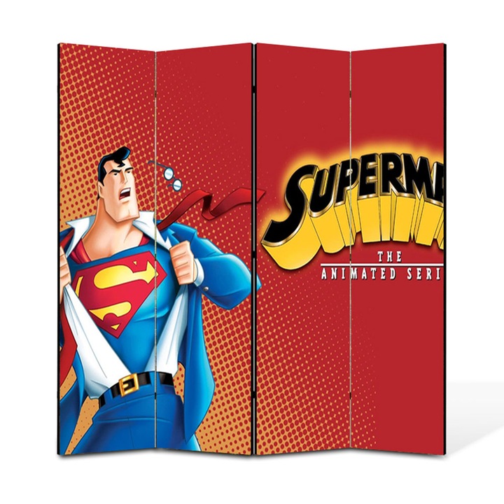 Paravan 4 piese Premium TrueColor, Art Star, Superman seria animata pe fundal rosu portocaliu, Animatii, Panza pe cadru de lemn, Decoratiuni Moderne pentru Casa, 4 Panouri de 35x150, 140 x 150 cm