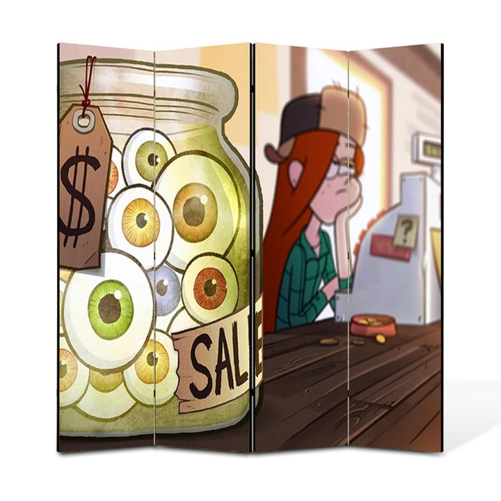 Paravan 4 piese Premium TrueColor, Art Star, Gravity Falls Wendy plctisita la munca langa ochii falsi, Animatii, Panza pe cadru de lemn, Decoratiuni Moderne pentru Casa, 4 Panouri de 45x150, 180 x 150 cm
