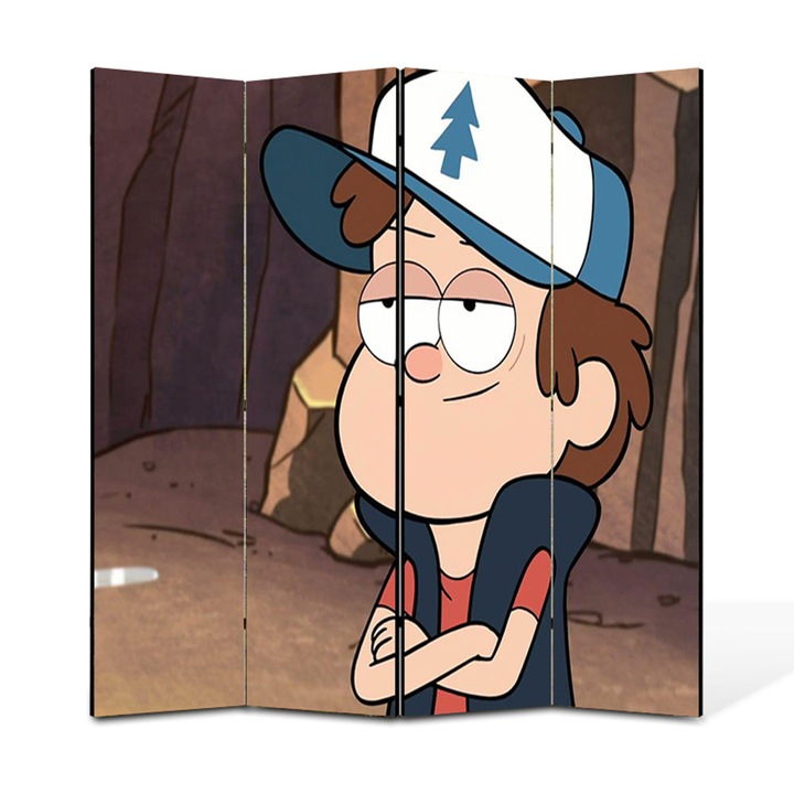Paravan 4 piese Premium TrueColor, Art Star, Gravity Falls Dipper, Animatii, Panza pe cadru de lemn, Decoratiuni Moderne pentru Casa, 4 Panouri de 45x150, 180 x 150 cm