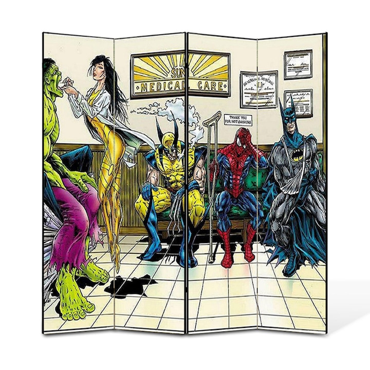 Paravan 4 piese Premium TrueColor, Art Star, Eroii la consult medical, Animatii, Panza pe cadru de lemn, Decoratiuni Moderne pentru Casa, 4 Panouri de 35x150, 140 x 150 cm